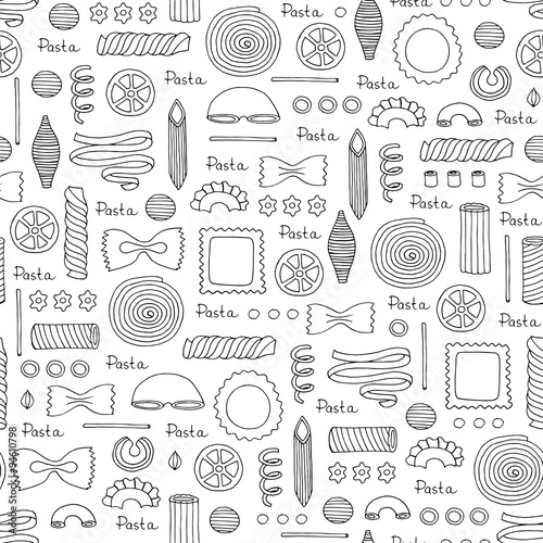 Pattern with hand drawn Italian pasta on white color
