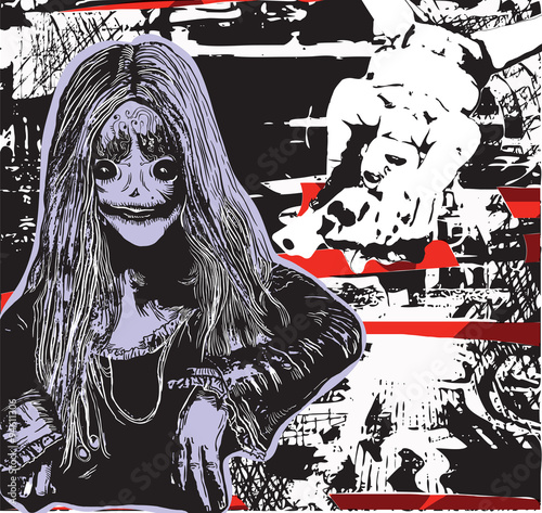 Alter Ego of An Girl with the Gun. Vector hand drawn illustratio