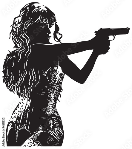 An Girl with the Revolver, Shooter - Hand drawn vector