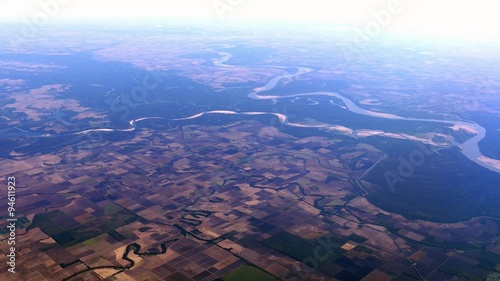 Aerial over Mississippi RIver and farmland, 4K
