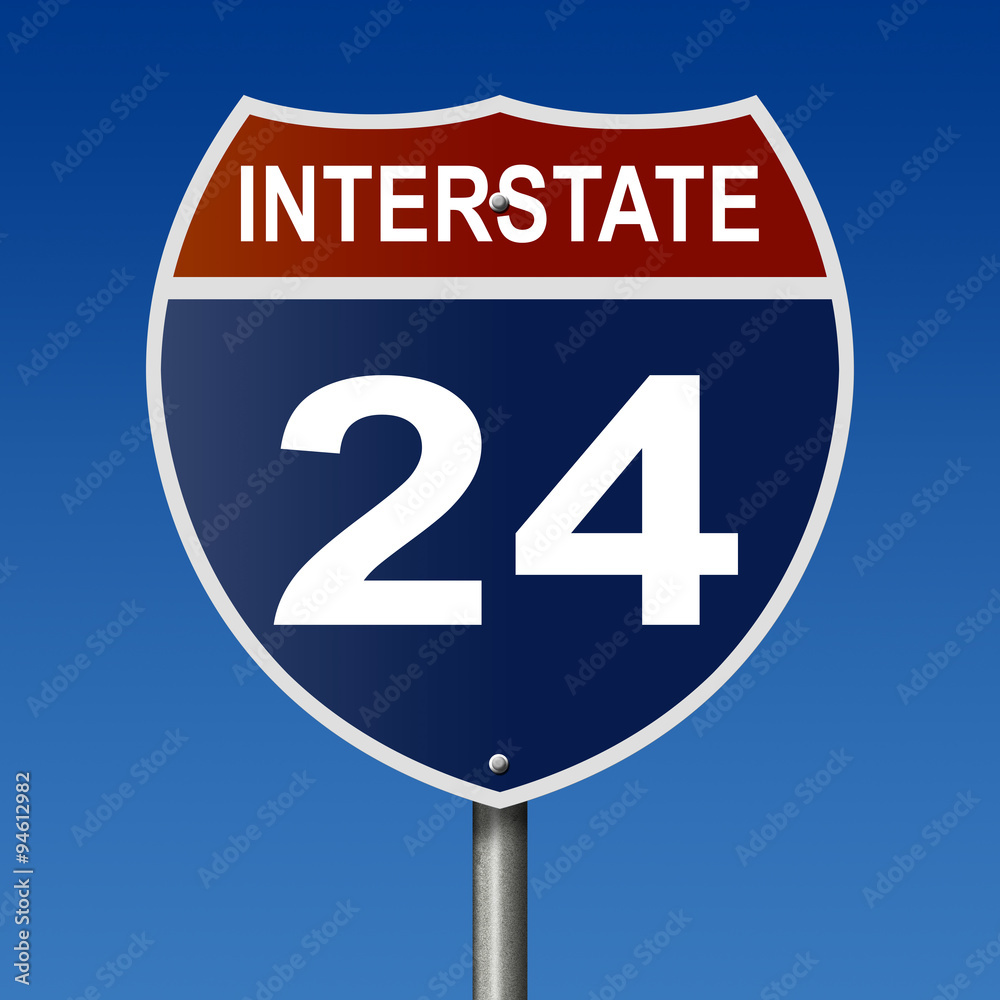 Sign for Interstate 24, part of the National Highway System, which travels between Illinois and Tennessee Sign for Interstate 24, part of the National Highway System, which travels between Illinois and Tennessee