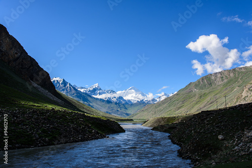 River with sunlight and shade and snow mountain background, Kash