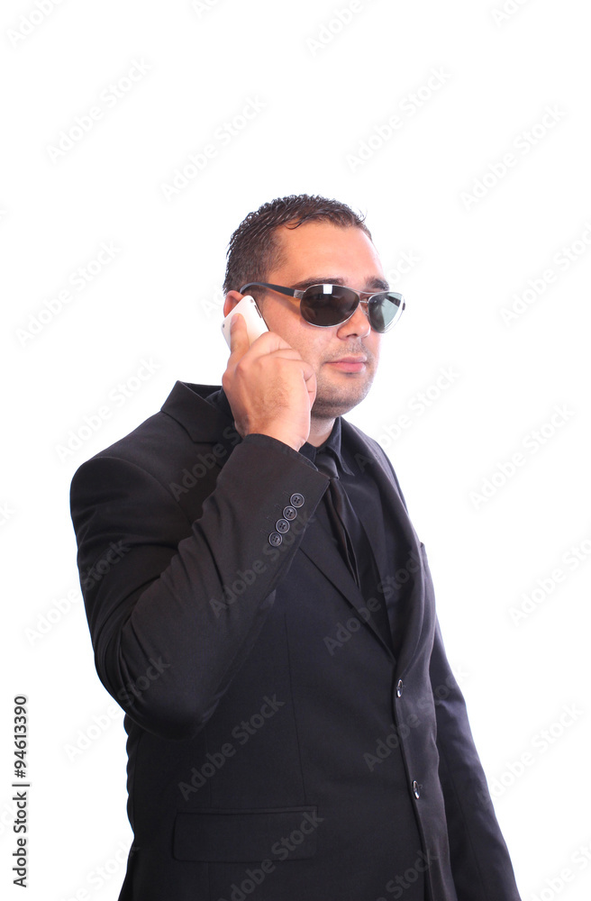 Man in black with mobile phone Man in black with mobile phone