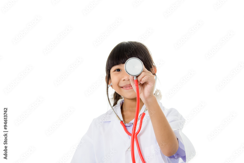 Asian girl in doctor's coat isolated on white. Selective focus Asian girl in doctor's coat isolated on white. Selective focus