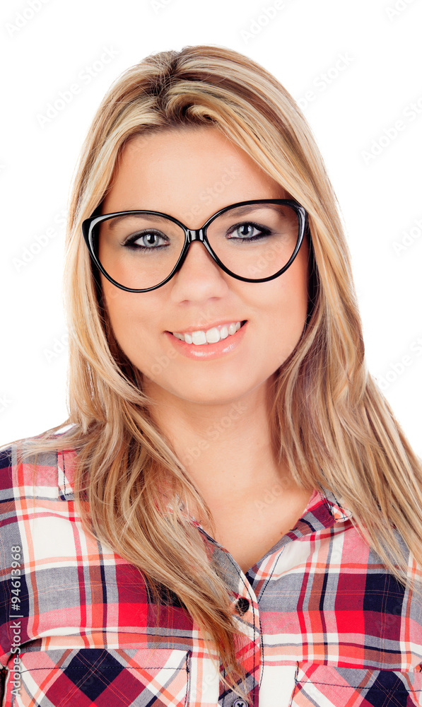 Cute Blonde Girl with plaid shirt and glasses
