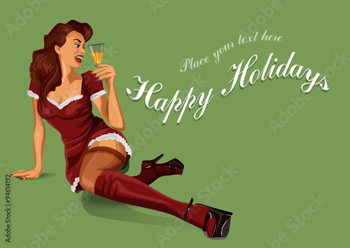 Christmas Pin Up Girl with champagne. Vector illustration  space for text