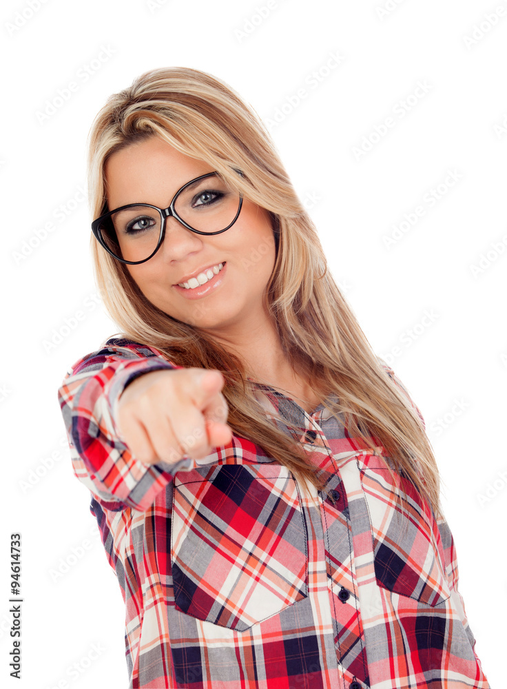 Cute Blonde Girl with glasses pointing at camera Cute Blonde Girl with glasses pointing at camera