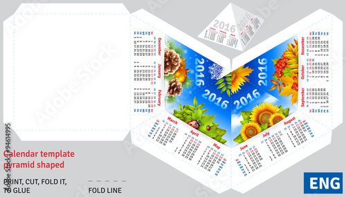 Template english calendar 2016 by seasons pyramid shaped, vector background