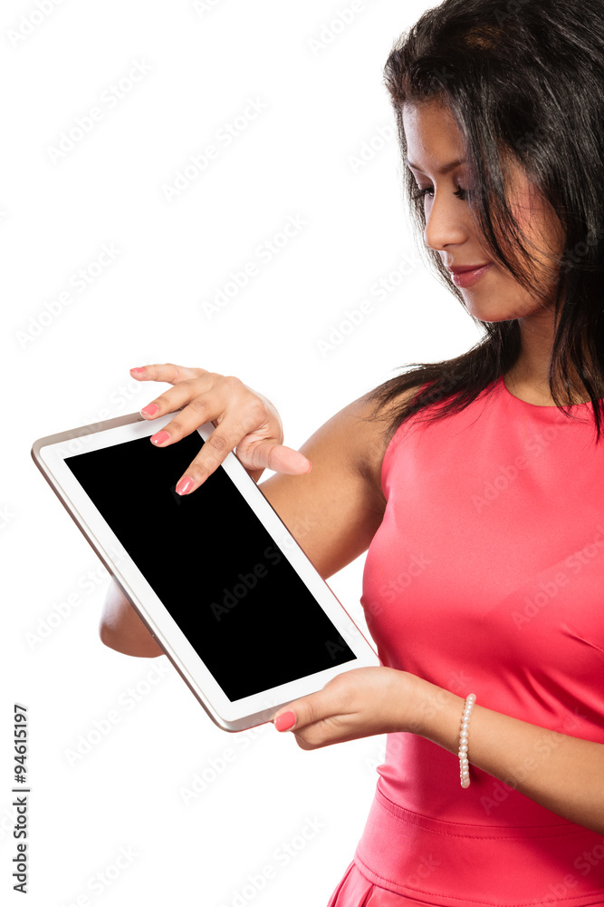 Woman using pc tablet with blank empty screen. Woman using pc tablet with blank empty screen.