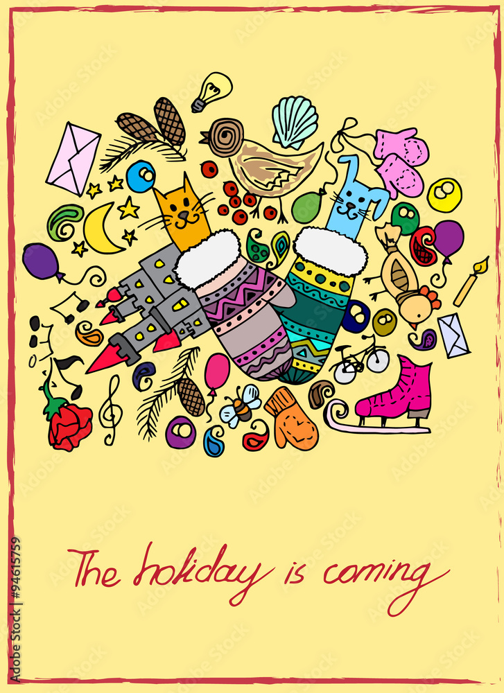 Fototapeta premium Illustration of Christmas items. The holiday and fun. Cheerful and colorful postcard.