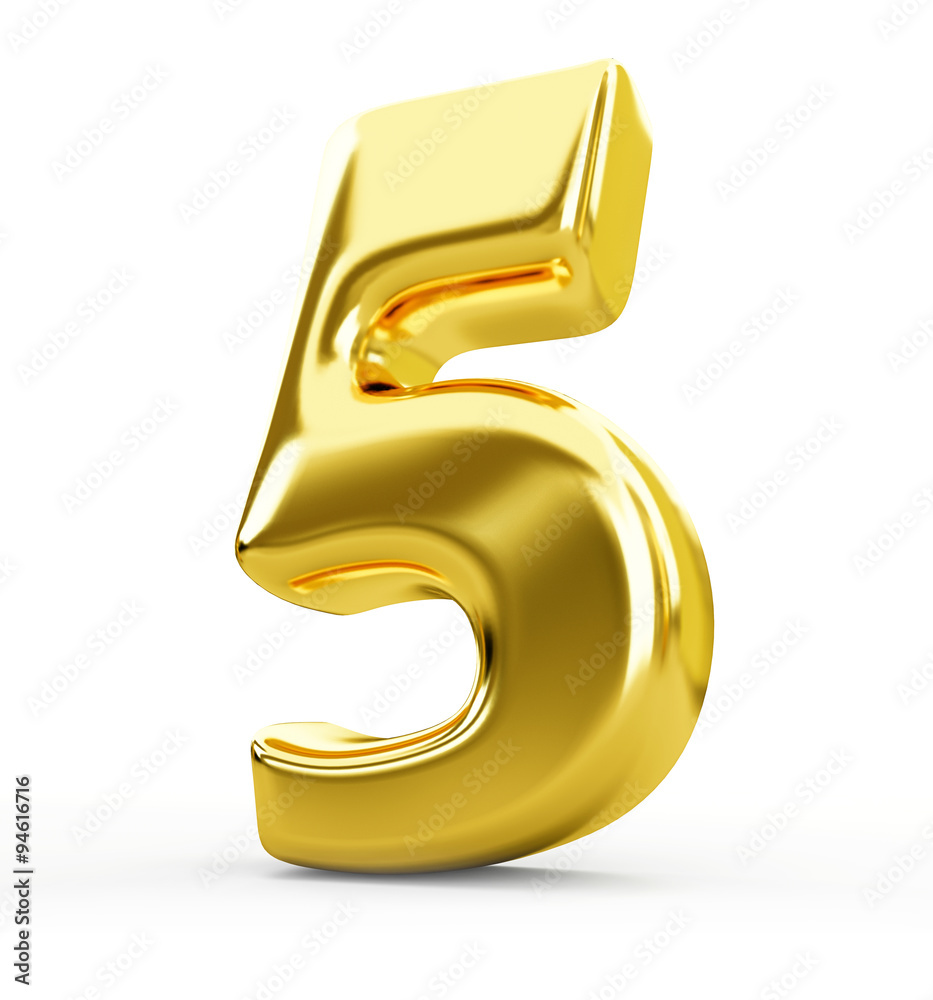 3d gold metal number 5 five isolated white background 3d gold metal number 5 five isolated white background
