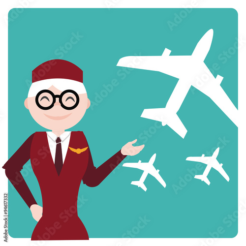 flight attendant illustration over color bakcground