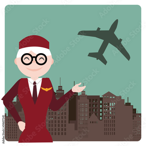 flight attendant illustration over color bakcground