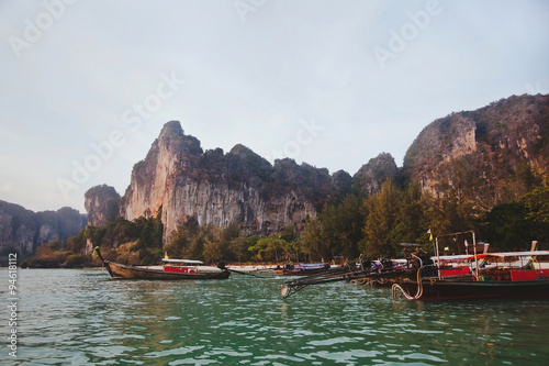 beautiful beach in Thailand with traditional boats, Krabi