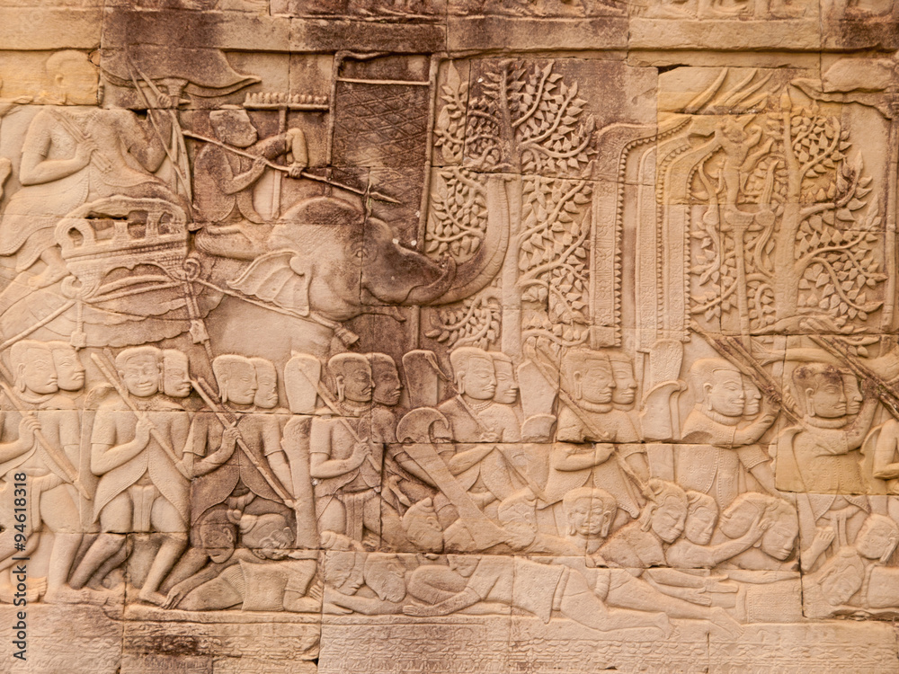 Details of stone carvings at Bayon Temple , Angkor Wat, Cambodia