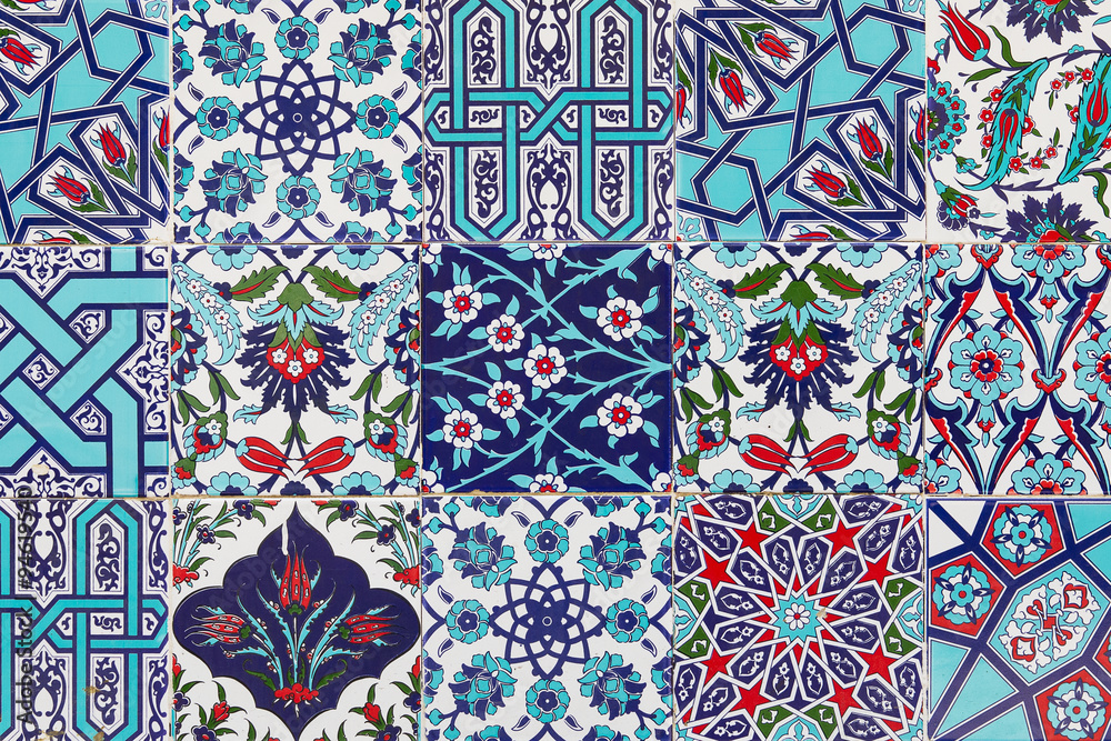 Fototapeta Handmade Turkish Blue Tiles on the wall in Istanbul City, Turkey
