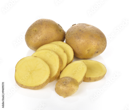 Sliced potatoes on a white background.