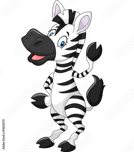 Adorable cartoon zebra waving hand isolated on white background