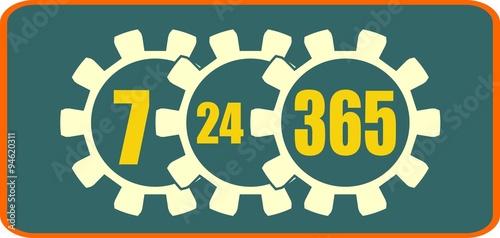 timing badge symbol 7, 24, 365 in gears. customer support service