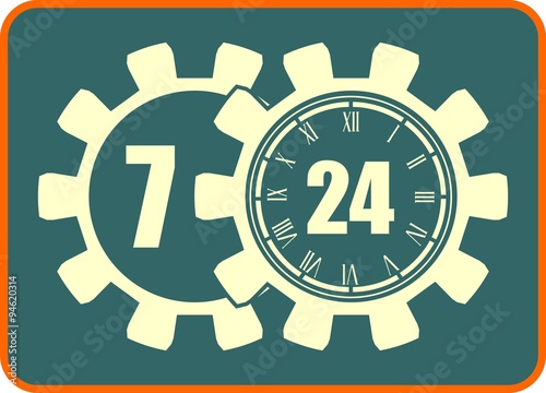 timing badge symbol 7, 24 in gears. customer support service