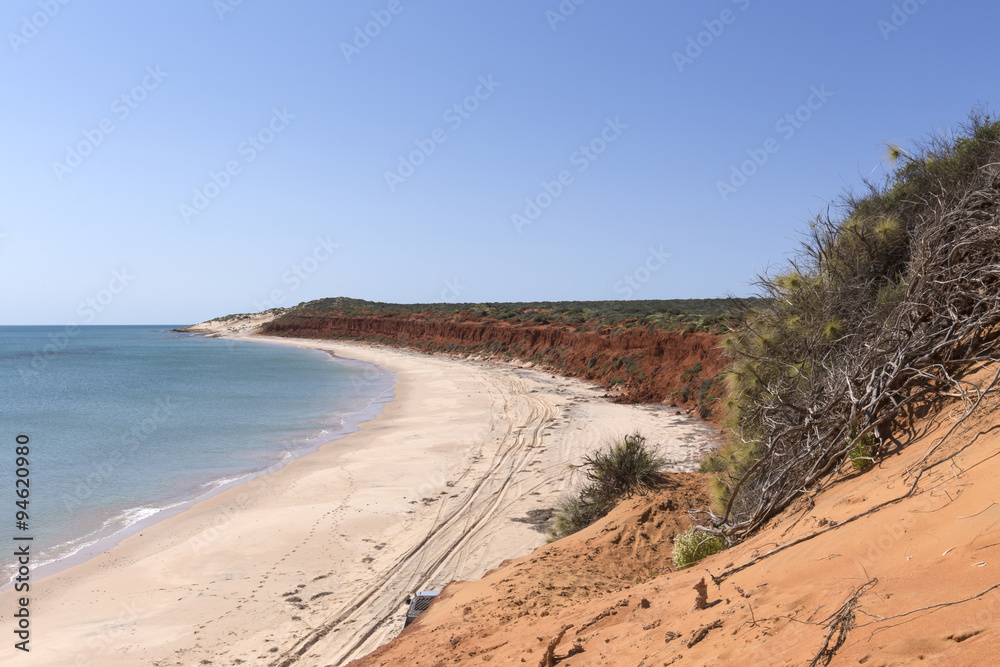 Red Cliff on White Beach Sand at Bottle Bay on a Sunny Clear Sky Day in Francois Peron National Park Shark Bay World Heritage Area