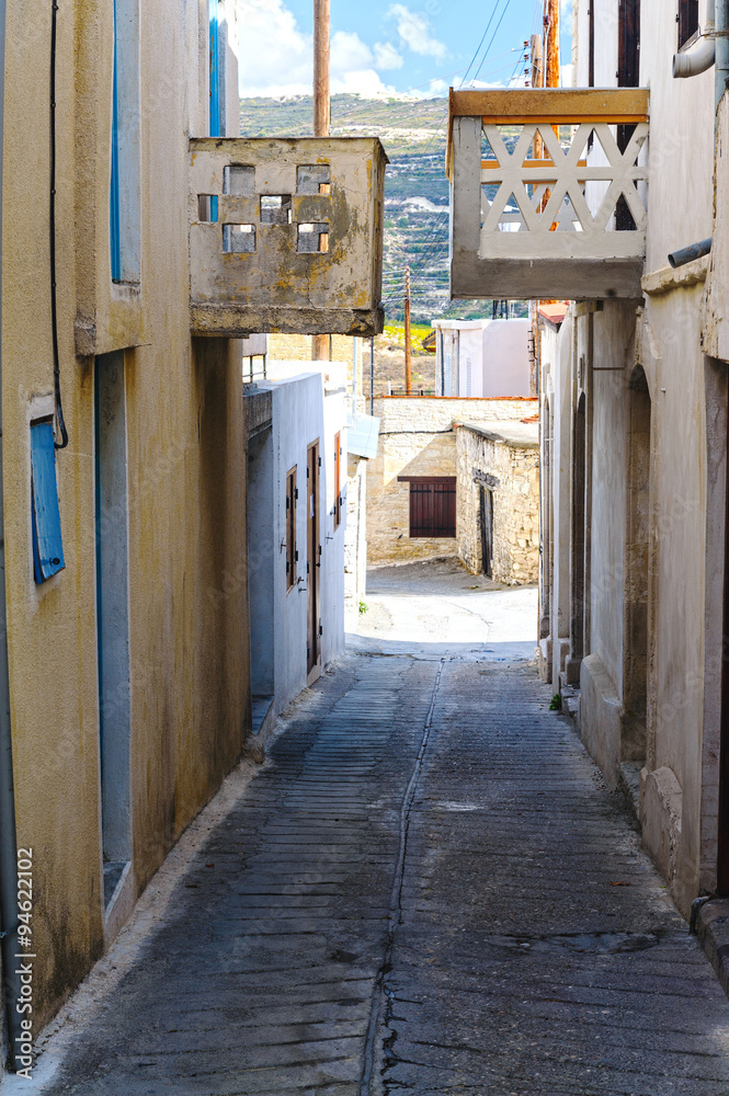 Two balconies on the street in the village of Omodos Cyprus