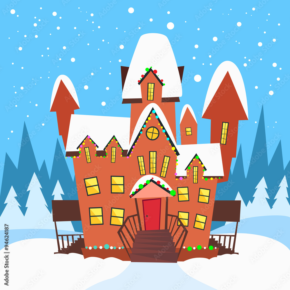 Winter House Snow Forest Tree Flat Vector 