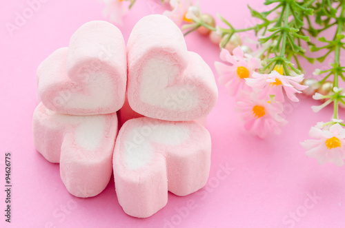 Pink marshmallows heart shape.
