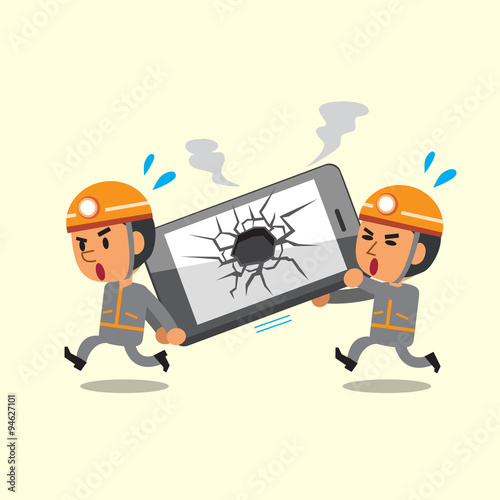 Cartoon technicians helping broken smartphone