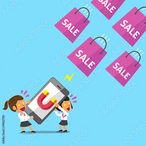 Cartoon women using smartphone with magnet icon to attracts shopping bags