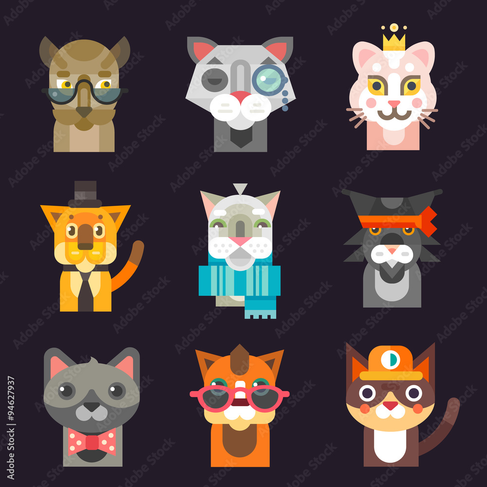 Fototapeta premium Cute cat avatar illustration set. Flat vector stock illustration set.