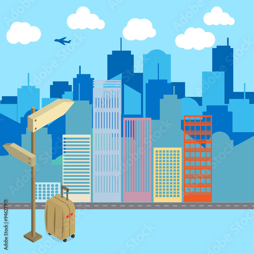 luggage and guide post with city building background