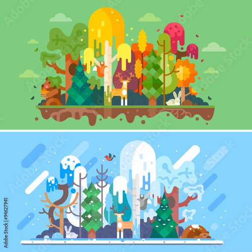 Autumn and winter forest landscapes with same animals. Seasons: autumn trees withs yellow and red-colored leaves, winter snowbound trees, rabbit, hare, bear, squirrel, deer. Flat vector illustration.