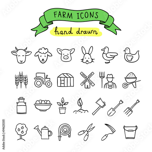 Hand drawn farm icons: gardening, cattle breeding, animals, birds, seeds, plants, trees. Vector outline icons on white background.