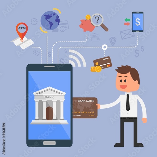 Vector illustration concept of internet banking. Icons for online mobile payments, credit cards, wire transfers and bank money savings
