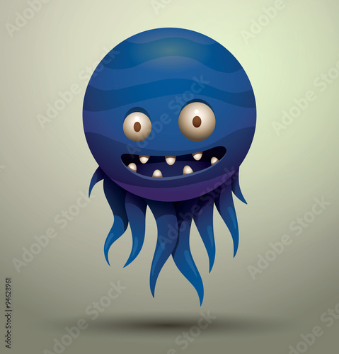 Vector virus microbe, blue. Cartoon image of the funny virus microbe striped blue color with two eyes and tentacles from the bottom of the body on a gray background.