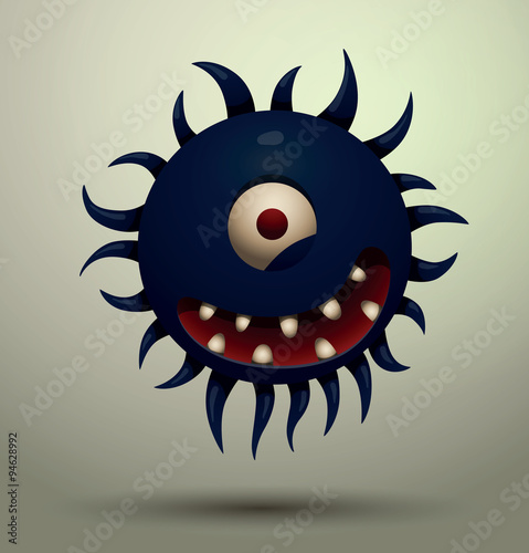 Vector virus microbe, dark blue. Cartoon image of the funny virus microbe dark blue color with one eye and a lot of tentacles on a gray background.