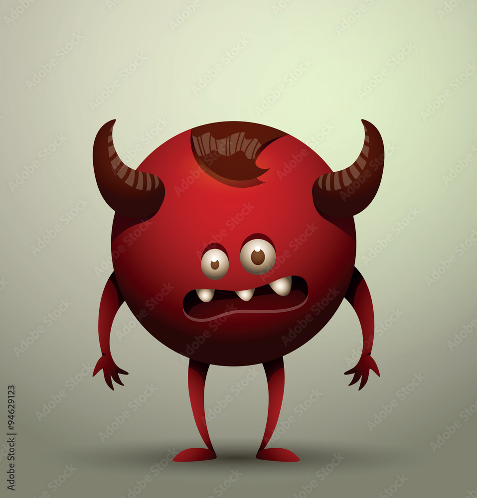 Vector virus microbe, red. Cartoon image of the funny virus microbe red color with brown horns and brown hair, with two arms and two legs on a gray background. Vector virus microbe, red. Cartoon image of the funny virus microbe red color with brown horns and brown hair, with two arms and two legs on a gray background.