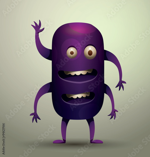 Vector virus microbe, violet. Cartoon image of the funny virus microbe violet color with two mouths, four arms and two legs on a gray background.