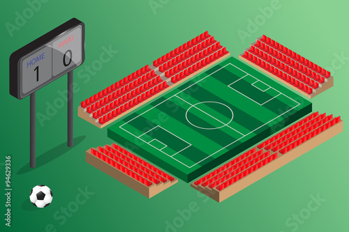empty soccer field outdoor stadium with red seat and score board