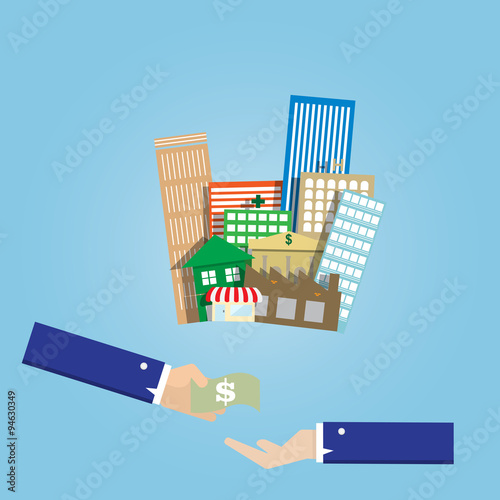 business man hand buy and sell group of real estate building