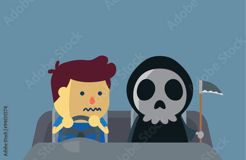 A man driving a car which have angel of death sitting with him. This illustration about danger of driving fast.