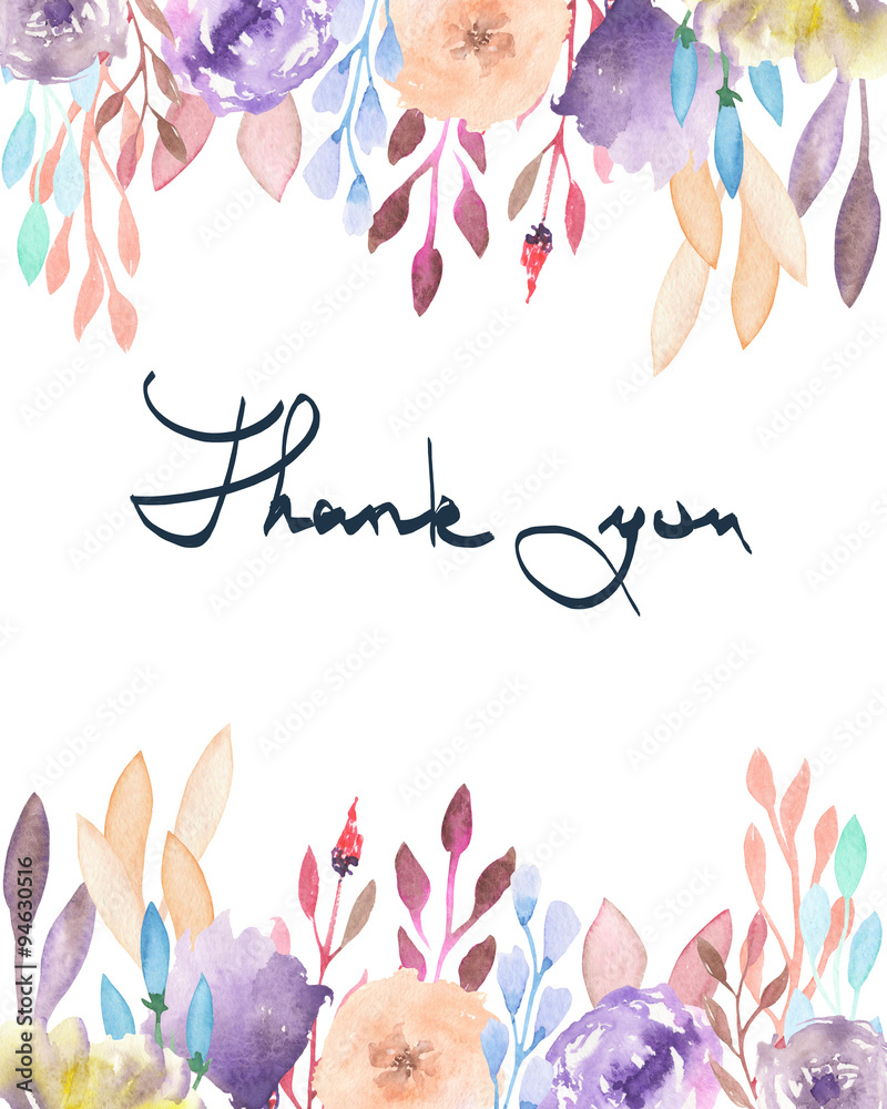 Frame border, template for postcard with purple and tender pink flowers painted in watercolor on a white background, greeting card, decoration or invitation with inscription Thank you Frame border, template for postcard with purple and tender pink flowers painted in watercolor on a white background, greeting card, decoration or invitation with inscription Thank you