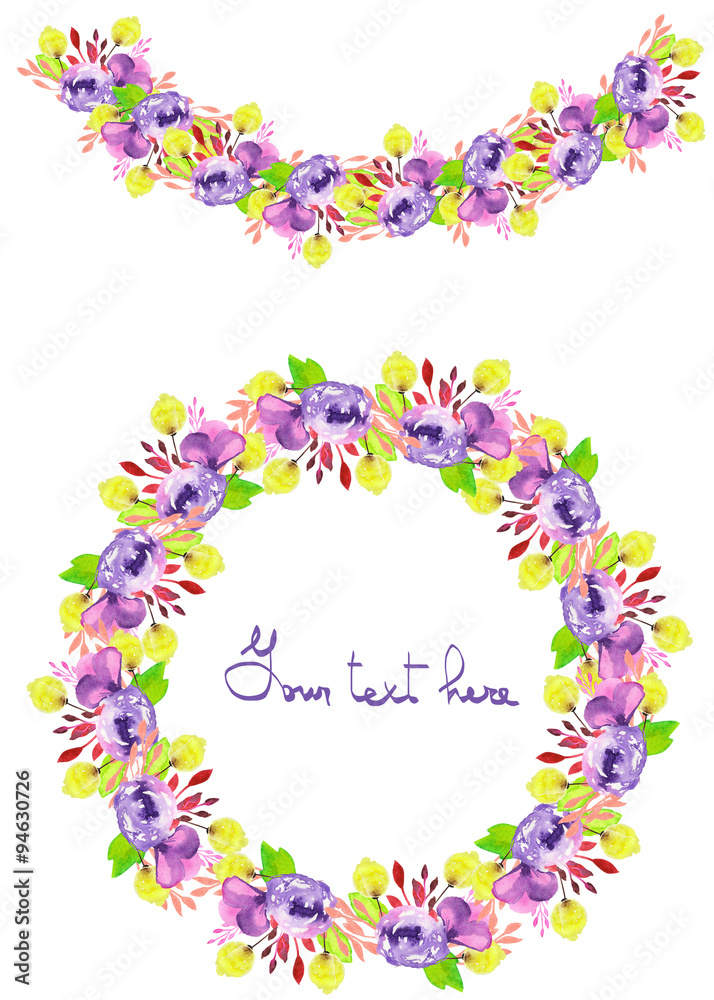Circle frame, wreath and garland of purple and yellow flowers and branches with the green leaves painted in watercolor on a white background, greeting card, decoration postcard or invitation