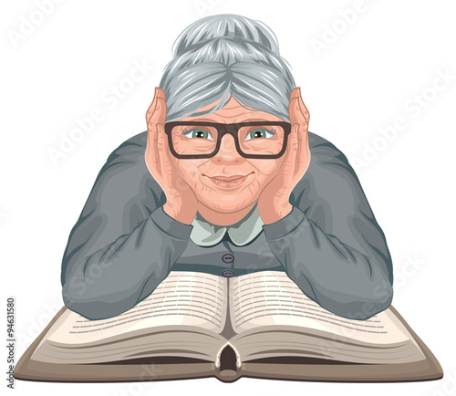 Grandmother reading book. Old woman in glasses placed his hands on an open book