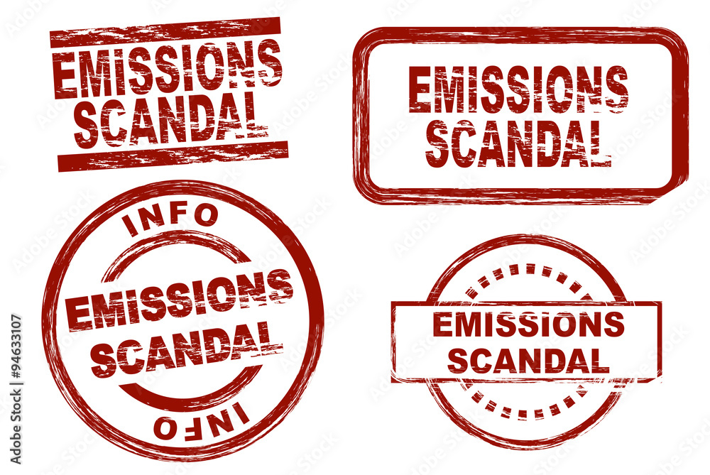 Set of stylized stamps showing the term emissions scandal. All on white background. Set of stylized stamps showing the term emissions scandal. All on white background.
