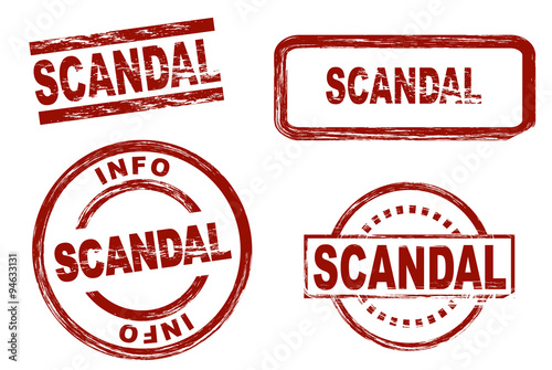 Set of stylized stamps showing the term scandal. All on white background.