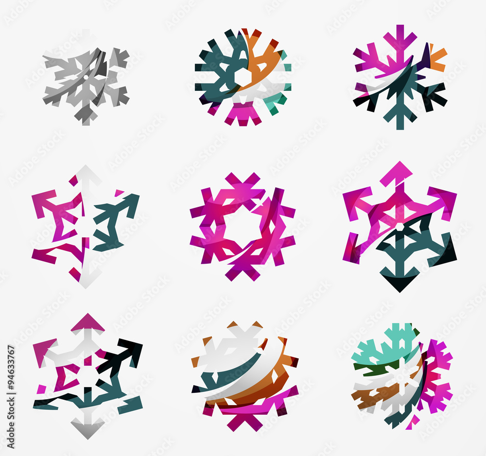 Set of abstract colorful snowflake logo icons, winter concepts, clean modern geometric design Set of abstract colorful snowflake logo icons, winter concepts, clean modern geometric design