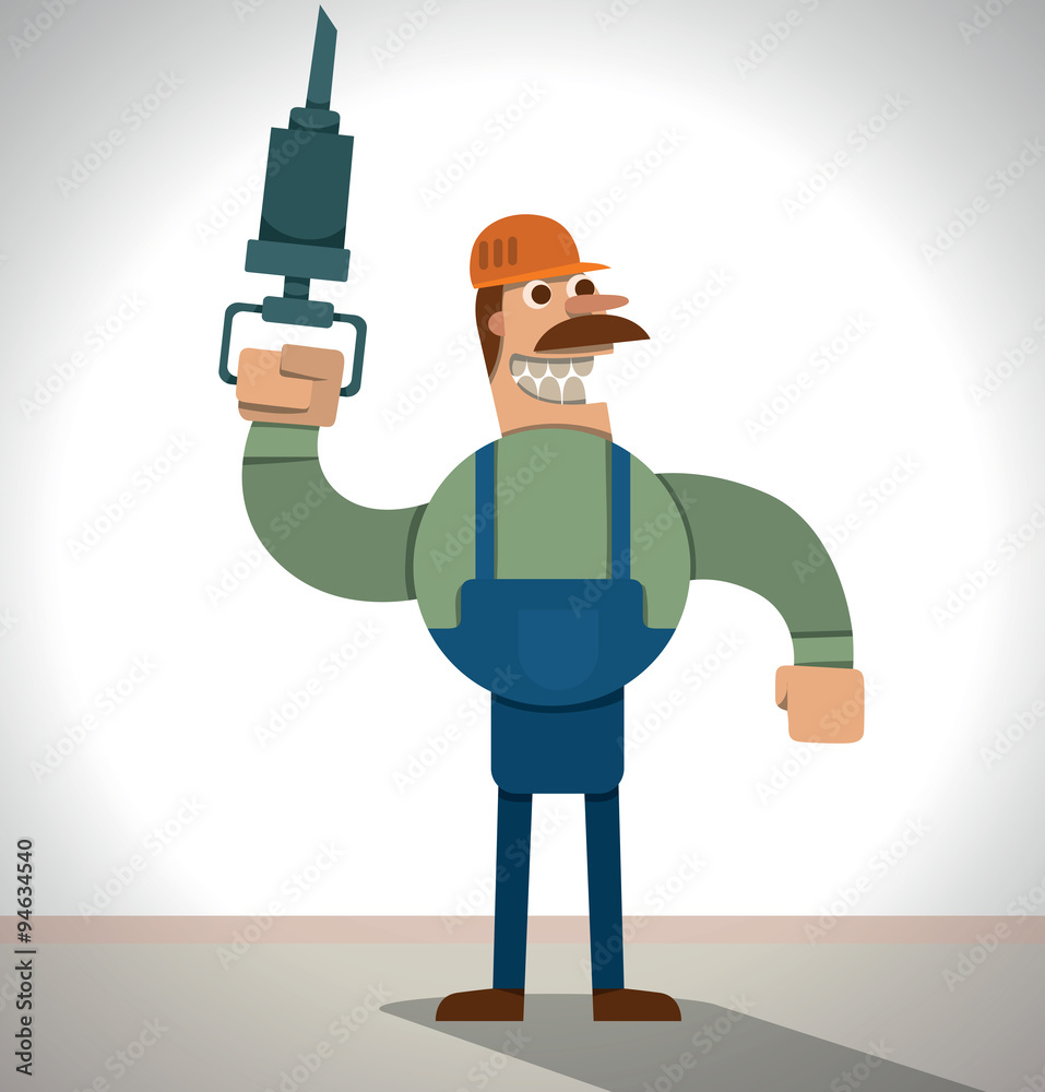 Vector strong worker with a jackhammer. Cartoon image of a strong worker in blue overalls and an orange helmet with a jackhammer in his hand on a light gray background. Vector strong worker with a jackhammer. Cartoon image of a strong worker in blue overalls and an orange helmet with a jackhammer in his hand on a light gray background.