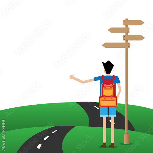 backpacker hitchhiking on the empty road near guidepost